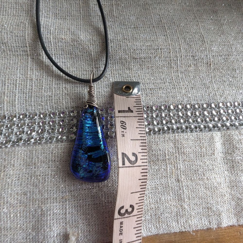 Handmade Deep Amethyst Blue Iridescent Glass Teardrop Pendant Necklace Black Cor - Picture 5 of 8